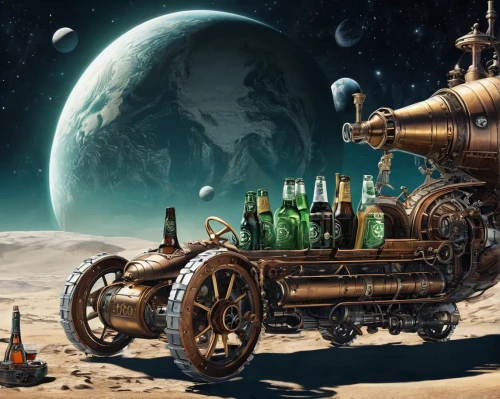 moon rover,steampunk,moon car,baron munchausen,sci fiction illustration,moon vehicle,bottleneck,mars rover,orrery,caravel,gas planet,beer car,copernican world system,the solar system,astronomer,drift bottle,mission to mars,steam roller,planetary system,space voyage,Conceptual Art,Fantasy,Fantasy 25
