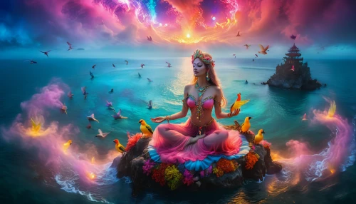 fantasy picture,mermaid background,the festival of colors,fantasy art,psychedelic art,fantasia,3d fantasy,god of the sea,fire dancer,mantra om,aquarius,astral traveler,fire and water,aura,fairy galaxy,sea god,world digital painting,sirens,tantra,colorful spiral,Illustration,Realistic Fantasy,Realistic Fantasy 02