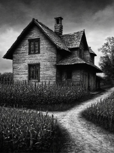 witch's house,creepy house,witch house,the haunted house,farmhouse,abandoned house,lonely house,haunted house,country cottage,farmstead,farm house,homestead,country house,old house,cottage,old home,the threshold of the house,abandoned place,house silhouette,home landscape,Illustration,Black and White,Black and White 23