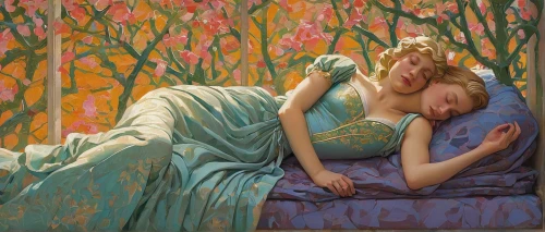 the sleeping rose,idyll,woman on bed,girl lying on the grass,sleeping rose,la violetta,blue pillow,magnolia,art nouveau,girl in the garden,oil painting,sleeping,lover's grief,sleeping beauty,emile vernon,relaxed young girl,radha,young couple,oil painting on canvas,young woman,Conceptual Art,Oil color,Oil Color 16