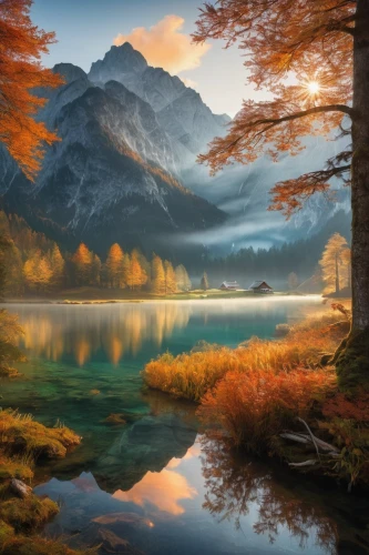 autumn mountains,autumn landscape,autumn scenery,fall landscape,autumn background,autumn idyll,autumn morning,beautiful landscape,landscape background,berchtesgaden national park,nature landscape,autumn forest,beautiful lake,hintersee,fantasy landscape,eibsee,slovenia,golden autumn,alpine lake,colors of autumn,Illustration,Realistic Fantasy,Realistic Fantasy 16