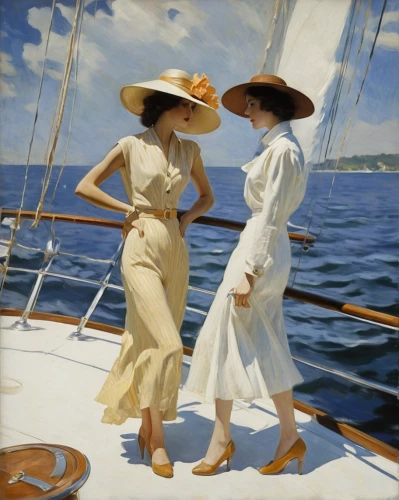 sailing,panama hat,sun hats,sail,at sea,troopship,sailors,sailer,seafaring,girl on the boat,young women,sails,on a yacht,young couple,regatta,courtship,honeymoon,boating,two girls,sailing blue yellow,Conceptual Art,Oil color,Oil Color 10