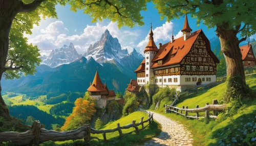 alpine village,mountain settlement,mountain village,escher village,knight village,bavarian swabia,fantasy landscape,fairy tale castle,home landscape,aurora village,house in mountains,mountain scene,fairytale castle,bavaria,fantasy picture,house in the mountains,canton of glarus,knight's castle,transylvania,mountain landscape,Illustration,Realistic Fantasy,Realistic Fantasy 04