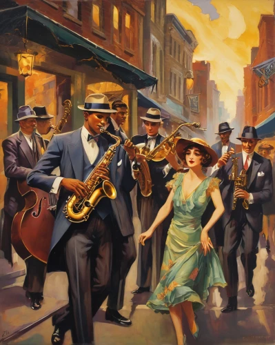 jazz,blues and jazz singer,man with saxophone,1950's,1950s,big band,saxophone playing man,50s,musicians,saxophonist,jazz singer,jazz club,desoto deluxe,1940s,orchestra division,jazz it up,casablanca,trumpet player,ella fitzgerald,vintage illustration,Conceptual Art,Oil color,Oil Color 09