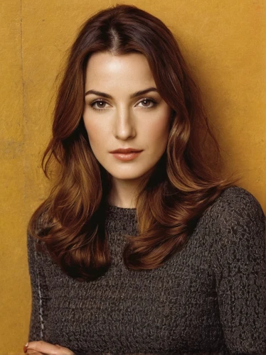 british actress,yellow brown,knitwear,beautiful woman,attractive woman,female hollywood actress,portrait background,smooth hair,sweater,angelica,natural color,layered hair,yellow background,georgine,long-sleeved t-shirt,beautiful young woman,autumn icon,sweatshirt,pretty young woman,actress,Conceptual Art,Oil color,Oil Color 15