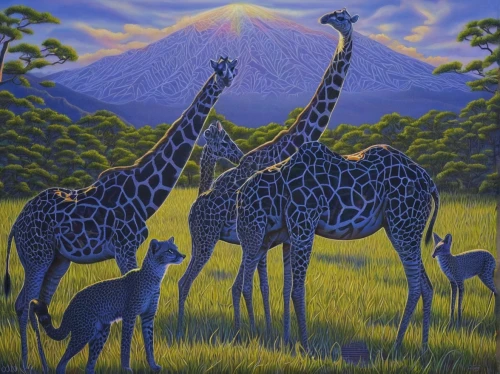 serengeti,giraffes,kilimanjaro,two giraffes,mount kilimanjaro,giraffidae,safari,oil painting on canvas,tanzania,oil painting,alpacas,giraffe,africa,llamas,oil on canvas,zebras,samburu,madagascar,kenya africa,uganda,Illustration,Abstract Fantasy,Abstract Fantasy 21