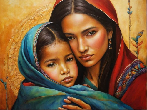 little girl and mother,oil painting on canvas,peruvian women,indigenous painting,mother with child,mother and child,oil painting,capricorn mother and child,nomadic children,vietnamese woman,mother and daughter,kyrgyz,mother with children,native american,nomadic people,mother-to-child,oil on canvas,two girls,art painting,indigenous culture,Illustration,Realistic Fantasy,Realistic Fantasy 30