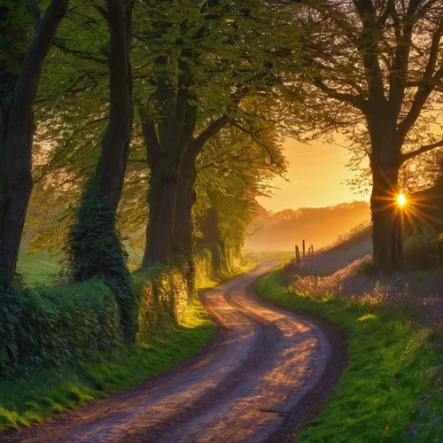 country road,golden light,ireland,forest road,goldenlight,rural landscape,the mystical path,tree lined lane,pathway,spring morning,tree lined path,northern ireland,morning light,autumn light,maple road,the evening light,autumn morning,peak district,nature landscape,evening light,Illustration,Realistic Fantasy,Realistic Fantasy 32