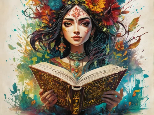 magic book,boho art,the enchantress,fantasy portrait,mystical portrait of a girl,fantasy art,bookworm,sci fiction illustration,sorceress,book pages,divination,magic grimoire,books,hymn book,read a book,women's novels,book illustration,reading,writing-book,gypsy soul,Illustration,Paper based,Paper Based 13