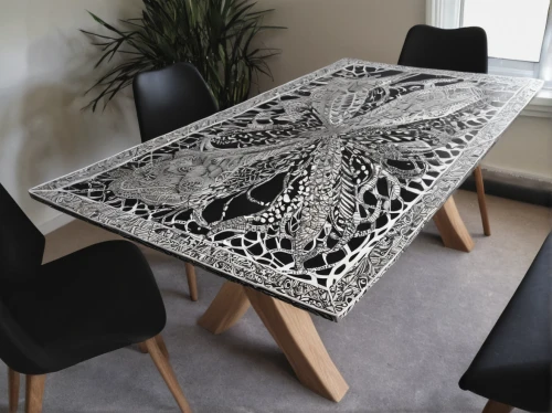 conference room table,dining room table,conference table,placemat,dining table,doily,folding table,paper lace,kitchen table,the laser cuts,lace border,paisley pattern,black table,card table,poker table,indian paisley pattern,tabletop,openwork frame,table artist,fractal design,Illustration,Black and White,Black and White 11