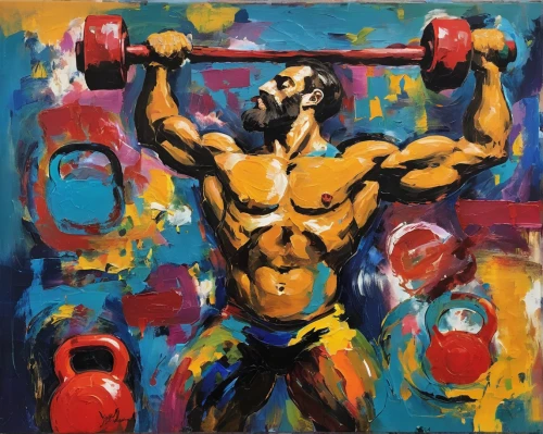 muscle man,strongman,dumbbell,painting technique,bodybuilder,weightlifter,bodybuilding,body-building,overhead press,muscle icon,oil on canvas,dumbbells,kettlebell,body building,wrestler,lifter,muscular,weight lifter,pair of dumbbells,lifting,Conceptual Art,Oil color,Oil Color 20