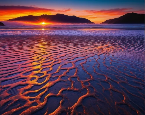 south island,new zealand,low tide,vancouver island,ruby beach,coast sunset,sand pattern,seascape,norway coast,tide pool,footprints in the sand,british columbia,sunrise beach,great salt lake,sand waves,beach landscape,northern norway,tracks in the sand,oregon,red sand,Illustration,Retro,Retro 17
