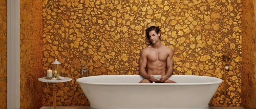 golden shower,yellow wallpaper,gold wall,gold paint stroke,gold lacquer,bath oil,blossom gold foil,gold paint strokes,tub,the girl in the bathtub,shower bar,almond tiles,shower curtain,gold foil mermaid,thermae,gold leaf,gold color,shower door,kiribath,bathtub,Photography,Documentary Photography,Documentary Photography 32