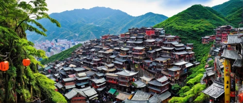 hanging houses,huashan,chinese architecture,guizhou,mountain village,taiwan,asian architecture,stilt houses,mountain settlement,mountain huts,southeast asia,hanging temple,blocks of houses,guilin,tigers nest,wooden houses,mountainous landscape,row of houses,south korea,terraced,Illustration,Children,Children 05