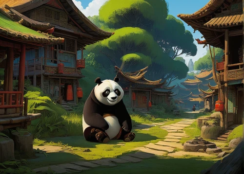 giant panda,chinese panda,panda,pandas,panda bear,little panda,bamboo,kawaii panda,baby panda,chinese background,panda cub,bamboo forest,hanging panda,world digital painting,pandabear,game illustration,bear guardian,oliang,xing yi quan,cartoon video game background,Illustration,Realistic Fantasy,Realistic Fantasy 06