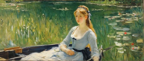 girl on the river,girl on the boat,the blonde in the river,girl in the garden,girl lying on the grass,girl picking flowers,idyll,rusalka,source de la sorgue,on the river,woman sitting,in the early summer,girl in flowers,young woman,canoe,portrait of a girl,la violetta,gondolier,young girl,mirror in the meadow,Art,Classical Oil Painting,Classical Oil Painting 24