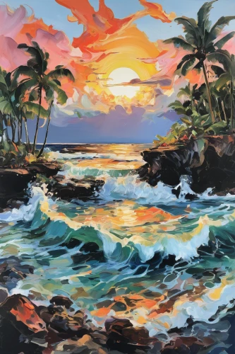 kauai,molokai,maui,luau,beach landscape,coastal landscape,oahu,hawaii,coast sunset,aloha,sunset beach,lava flow,tropical sea,sea landscape,sunrise beach,seascape,tropics,honolulu,an island far away landscape,kona,Conceptual Art,Oil color,Oil Color 18