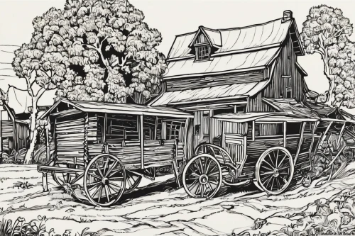 wooden wagon,stagecoach,wooden carriage,covered wagon,train wagon,wooden train,old wagon train,farmstead,straw cart,hand-drawn illustration,illustration of a car,wagon,freight wagon,logging truck,merchant train,camera illustration,straw hut,wagons,vintage drawing,carriage,Illustration,Black and White,Black and White 21