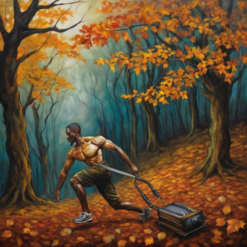 autumn chores,leaf blower,forest workers,khokhloma painting,indigenous painting,rake,gardener,oil painting on canvas,discobolus,oil on canvas,autumn background,farmer in the woods,falling on leaves,autumn icon,woodsman,autumn landscape,throwing leaves,fallen acorn,game illustration,fallen leaves,Illustration,Realistic Fantasy,Realistic Fantasy 34