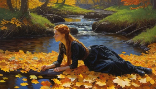 autumn idyll,the autumn,the blonde in the river,autumn landscape,in the autumn,autumn background,autumn,girl on the river,fall landscape,autumn scenery,one autumn afternoon,golden autumn,autumn day,autumn icon,idyll,in the fall,autumn leaves,fallen leaves,light of autumn,autumn morning,Illustration,Realistic Fantasy,Realistic Fantasy 03