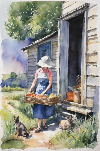 girl in the kitchen,girl with bread-and-butter,watercolor painting,country dress,southern cooking,watercolor background,watercolor,woman holding pie,watercolor shops,watercolor paint,girl picking apples,watercolor roses and basket,village life,countrygirl,picking vegetables in early spring,watercolour,farm girl,autumn chores,chicken yard,watercolor sketch,Conceptual Art,Graffiti Art,Graffiti Art 12