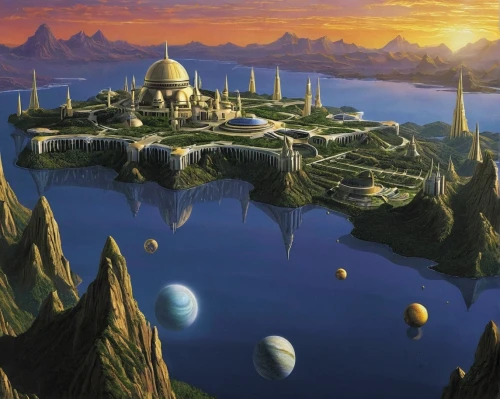 futuristic landscape,fantasy city,imperial shores,fantasy landscape,ancient city,fantasy world,floating islands,airships,artificial islands,atlantis,artificial island,terraforming,fantasy picture,myst,utopian,an island far away landscape,alien planet,floating island,alien world,citadel,Conceptual Art,Fantasy,Fantasy 30