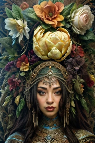 girl in a wreath,asian costume,wreath of flowers,inner mongolian beauty,fantasy portrait,iranian nowruz,jaya,novruz,headdress,golden wreath,mulan,asian woman,cleopatra,warrior woman,the enchantress,floral wreath,flora,oriental princess,chinese art,rose wreath