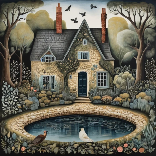carol colman,witch's house,country cottage,cottage garden,cottage,garden pond,fox and hare,home landscape,wishing well,children's fairy tale,flock house,carol m highsmith,autumn idyll,summer cottage,water mill,houses clipart,dandelion hall,country house,lilly pond,bird bath,Illustration,Realistic Fantasy,Realistic Fantasy 40