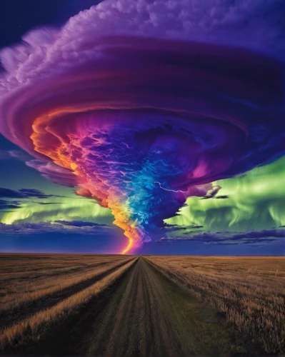 atmospheric phenomenon,rainbow clouds,natural phenomenon,meteorological phenomenon,epic sky,nuclear explosion,psychedelic art,mushroom cloud,a thunderstorm cell,psychedelic,rainbow bridge,intense colours,turbulence,thundercloud,rainbow waves,northen lights,wormhole,amazing nature,cloud formation,hallucinogenic,Illustration,Realistic Fantasy,Realistic Fantasy 20