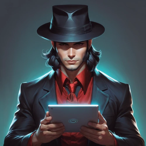 witch's hat icon,game illustration,fedora,magician,investigator,the tablet,mobile gaming,holding ipad,twitch icon,gentleman icons,transistor,hatter,man with a computer,phone icon,ledger,steam icon,tablets consumer,black hat,telegram,spy,Conceptual Art,Fantasy,Fantasy 03