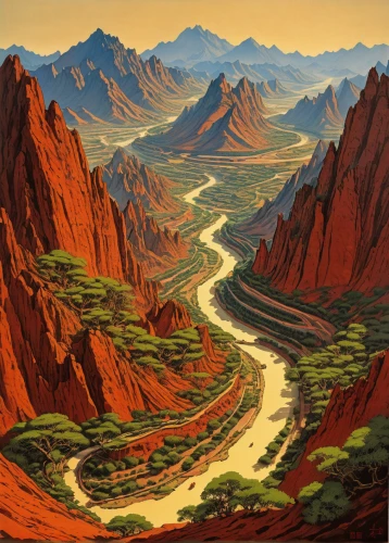 canyon,red rock canyon,red earth,big bend,zion national park,desert landscape,desert desert landscape,zion,guards of the canyon,yellow mountains,valley of fire,fairyland canyon,gobi desert,navajo bay,rio grande river,arid landscape,moon valley,red canyon tunnel,american frontier,travel poster,Conceptual Art,Daily,Daily 09
