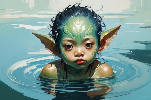 merfolk,water creature,water lotus,aquatic herb,water nymph,goblin,waterlily,green water,water lily bud,water lily,fantasy portrait,digital painting,scandia gnome,lily pad,aquatic plant,submerged,under the water,green algae,violet head elf,water lilly,Conceptual Art,Oil color,Oil Color 08