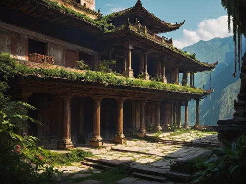 asian architecture,tigers nest,chinese temple,chinese architecture,ancient house,ancient city,ancient buildings,roof landscape,terraced,hanging temple,stone palace,mountain settlement,oriental,yunnan,buddhist temple,pagoda,feng shui,terraces,summer palace,white temple,Conceptual Art,Fantasy,Fantasy 06