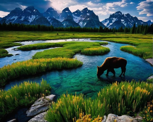 mountain pasture,nature mongolia,beautiful landscape,mountain meadow,inner mongolian beauty,nature of mongolia,united states national park,meadow landscape,tibet,wild horse,landscapes beautiful,alpine meadow,wild horses,salt meadow landscape,altai,nature landscape,alpine cow,pasture,mountain tundra,grand teton,Illustration,Realistic Fantasy,Realistic Fantasy 08