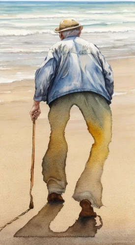 man at the sea,pensioner,elderly man,elderly person,older person,walk on the beach,fisherman,old age,advertising figure,el mar,walking man,footprints in the sand,a pedestrian,elderly lady,pedestrian,pilgrim,standing man,watercolor painting,old woman,version john the fisherman,Common,Common,Natural