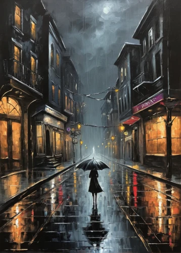 man with umbrella,oil painting on canvas,walking in the rain,art painting,little girl with umbrella,oil painting,rainstorm,monsoon,brolly,heavy rain,in the rain,silver rain,umbrellas,mary poppins,girl walking away,rainy,oil on canvas,rain,light rain,rains,Conceptual Art,Fantasy,Fantasy 34