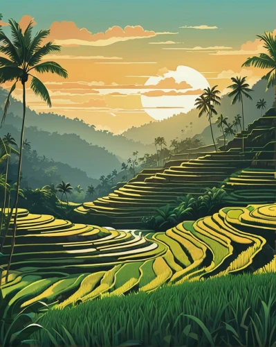 rice terrace,rice fields,rice terraces,rice field,the rice field,ricefield,rice paddies,yamada's rice fields,travel poster,paddy field,ubud,vietnam,indonesian rice,philippines scenery,cool woodblock images,bali,indonesia,southeast asia,rural landscape,rice mountain,Illustration,Japanese style,Japanese Style 07