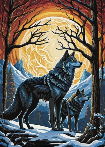wolves,two wolves,howling wolf,wolf couple,european wolf,constellation wolf,werewolves,canis lupus,wolf,black shepherd,gray wolf,wolf hunting,winter animals,wolf's milk,ninebark,werewolf,forest animals,the wolf pit,wolfdog,howl,Illustration,Abstract Fantasy,Abstract Fantasy 19