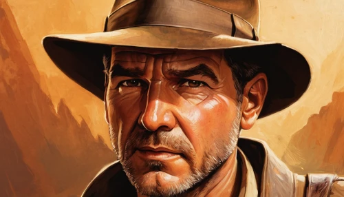 indiana jones,drover,western film,western,brown hat,el capitan,american frontier,sheriff,humphrey bogart,wild west,stetson,game illustration,john day,lincoln blackwood,gunfighter,miner,vector illustration,detail shot,portrait background,abraham,Conceptual Art,Fantasy,Fantasy 18