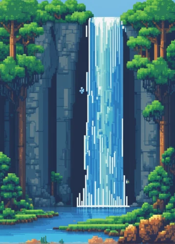 chasm,waterfall,water fall,wasserfall,water falls,a small waterfall,ash falls,waterfalls,tower fall,brown waterfall,bridal veil fall,falls,green waterfall,pixel art,cascade,water wall,cartoon video game background,water stairs,cascading,lagoon,Unique,Pixel,Pixel 01