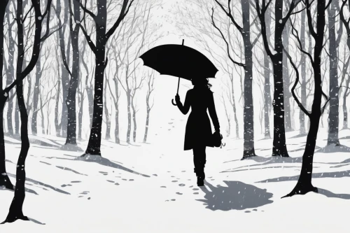 the snow falls,the snow queen,man with umbrella,snowstorm,snowfall,snow scene,little girl with umbrella,winter background,book illustration,girl walking away,in the snow,in the winter,brolly,the cold season,winter,woman walking,the snow,snow rain,black coat,walking in the rain,Illustration,Black and White,Black and White 31