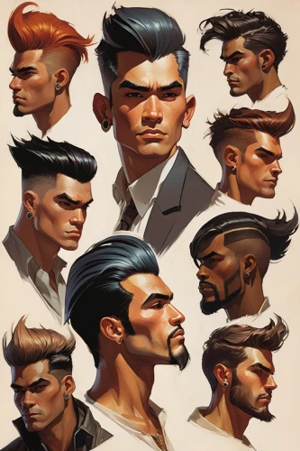 pompadour,hairstyles,mohawk hairstyle,gentleman icons,man portraits,mullet,pomade,studies,feathered hair,hairstyle,mohawk,barber,the long-hair cutter,quiff,male character,hairs,flattop,heads,stylised,hair gel,Conceptual Art,Oil color,Oil Color 04