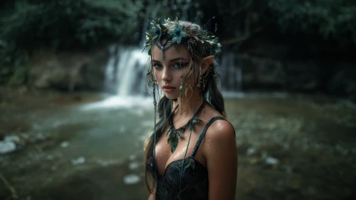 dryad,water nymph,the enchantress,faery,photoshoot with water,faerie,elven,rusalka,digital compositing,the night of kupala,sorceress,polynesian girl,fae,celtic queen,fantasy picture,water fall,siren,fairy queen,wet girl,elven flower
