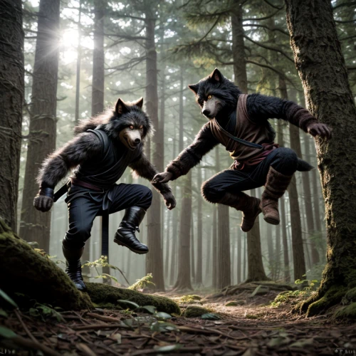 two wolves,werewolves,wolves,stage combat,animals hunting,wolf hunting,hunting scene,werewolf,ninjas,sword fighting,digital compositing,schutzhund,predators,wolfman,the wolf pit,wolf pack,battōjutsu,flying dogs,skyrim,conceptual photography