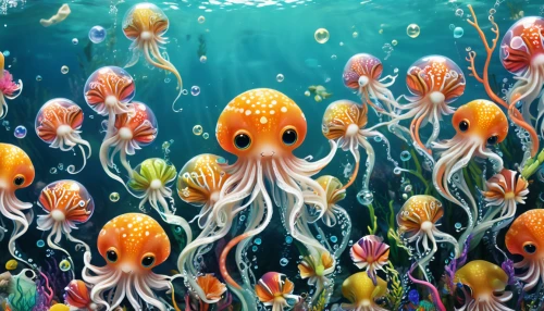 cephalopods,sea creatures,school of fish,sea animals,sea-life,deep sea,sea animal,under sea,cephalopod,sea life underwater,undersea,aquarium inhabitants,underwater world,sealife,squids,sea life,underwater background,under the sea,fishes,fun octopus,Illustration,Realistic Fantasy,Realistic Fantasy 39