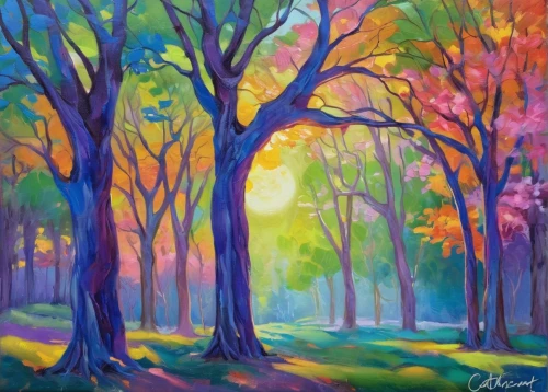 forest landscape,autumn landscape,forest glade,tree grove,trees in the fall,enchanted forest,purple landscape,autumn trees,autumn forest,the trees in the fall,colorful light,fall landscape,forest background,painted tree,deciduous forest,mixed forest,beech trees,forest of dreams,row of trees,fairy forest,Illustration,Realistic Fantasy,Realistic Fantasy 20