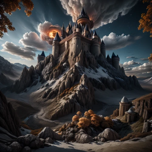 fantasy landscape,fantasy picture,fantasy art,fairy chimney,summit castle,world digital painting,3d fantasy,knight's castle,volcanic landscape,northrend,fairy tale castle,mountain settlement,castle of the corvin,fire mountain,castel,autumn mountains,witch's house,mushroom landscape,fairytale castle,meteora