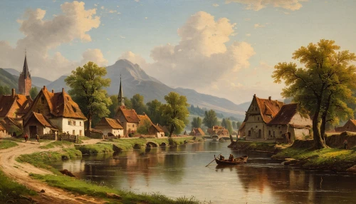 river landscape,thun,andreas achenbach,mountain scene,village scene,limmat,alpine village,rural landscape,canton of glarus,neckar,lake lucerne region,carl svante hallbeck,watzmann,alpine region,landscape,mountain village,thun lake,landscape background,the alps,mountain landscape,Art,Classical Oil Painting,Classical Oil Painting 10