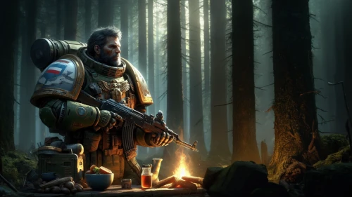 woodsman,thorin,witcher,game art,fantasy picture,game illustration,lumberjack,the wanderer,lone warrior,forest man,warrior and orc,mountain guide,shaman,massively multiplayer online role-playing game,runes,cg artwork,campfire,free wilderness,dwarf sundheim,4k wallpaper