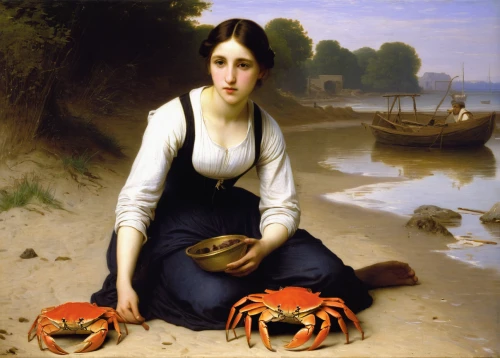 woman holding pie,crab cutter,the sea maid,north sea crabs,girl with bread-and-butter,woman eating apple,river crayfish,river prawns,girl with a wheel,crayfish,black crab,breton,american lobster,dungeness crab,woman with ice-cream,freshwater crayfish,crustaceans,girl picking apples,shellfish,bouguereau,Art,Classical Oil Painting,Classical Oil Painting 41